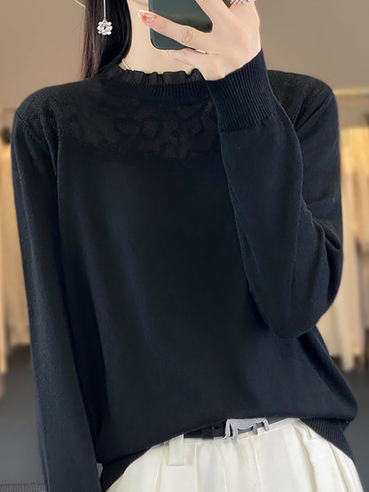 Women Autumn Lacework Neck 100%Wool Loose Sweater QM020