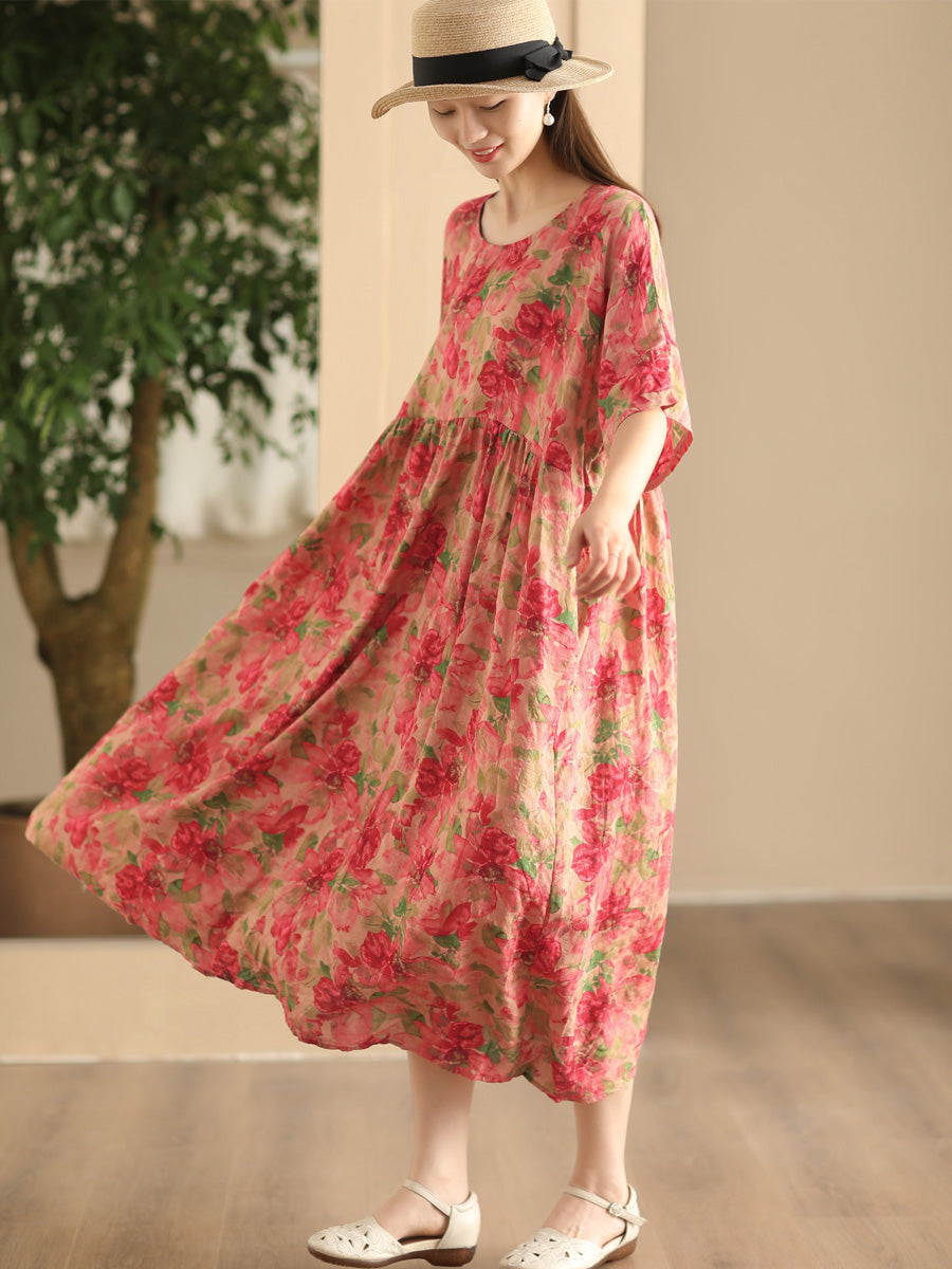 Women Summer Vintage Flower Linen Loose Dress FD043