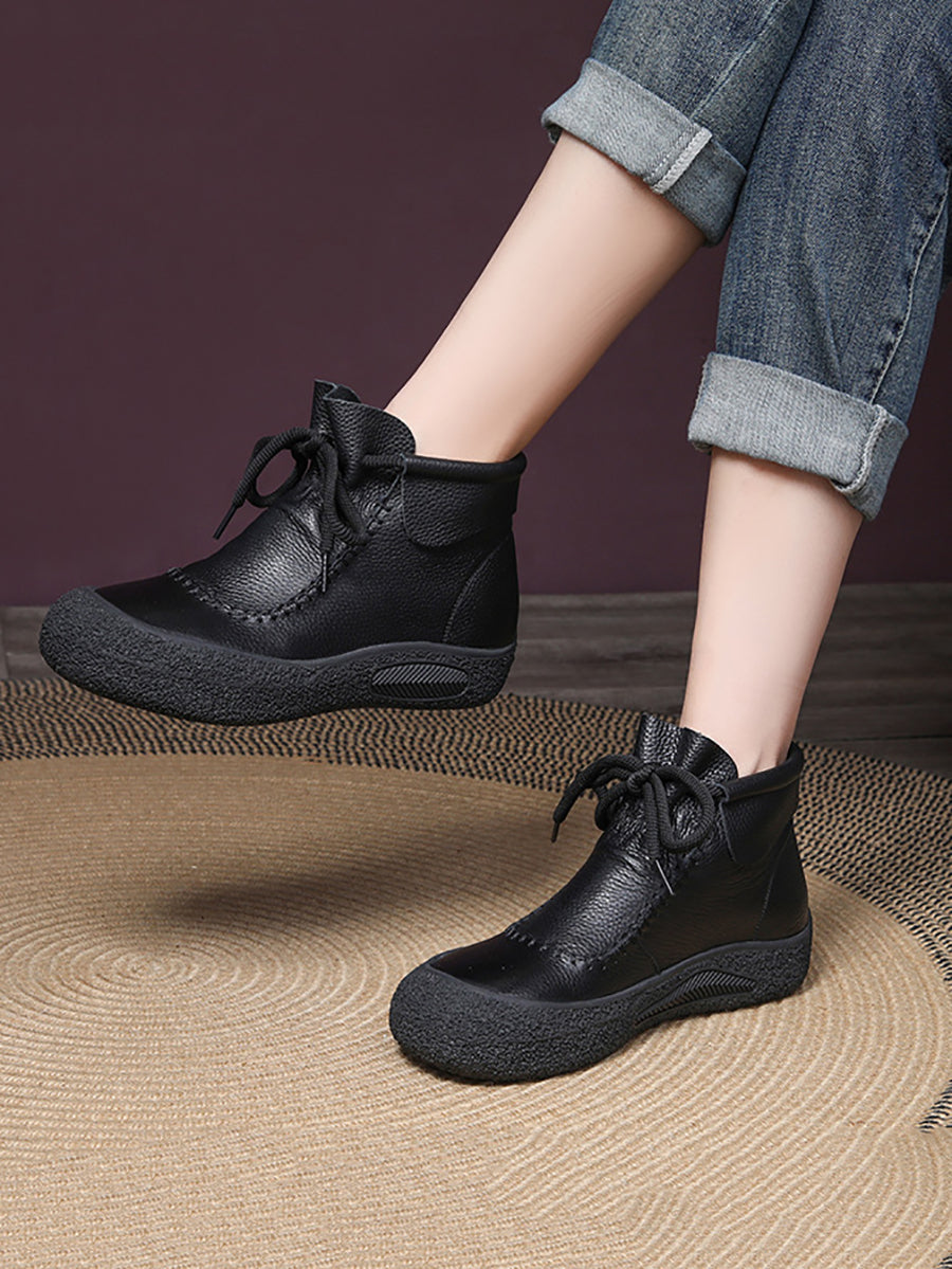 Women Retro Genuine Leather Spliced Strap Flat Boots WG006