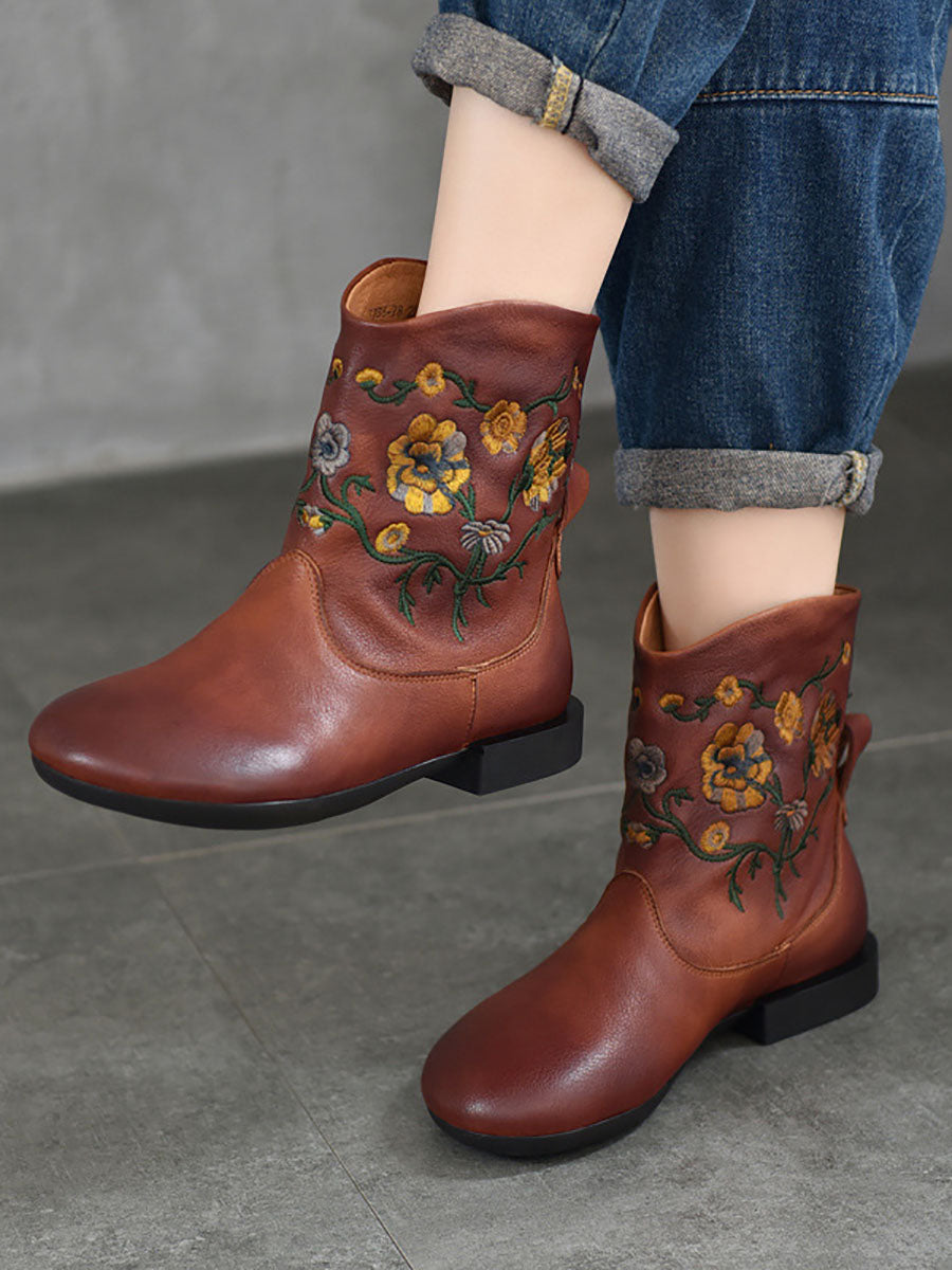 Bottes à talons bas en cuir avec broderie florale vintage pour femmes AX1050