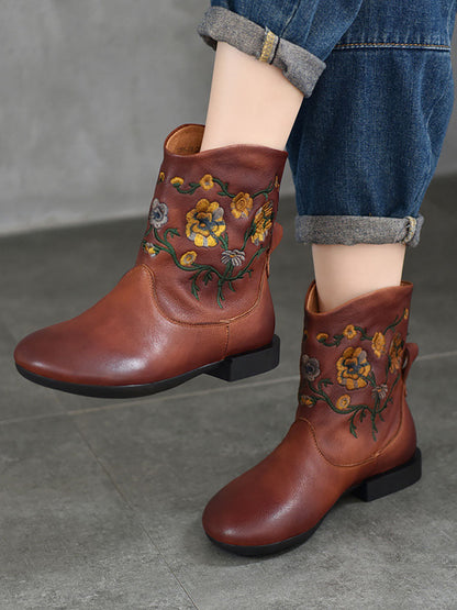 Damen Stiefeletten aus Leder mit Vintage-Blumenstickerei und niedrigem Absatz AX1050