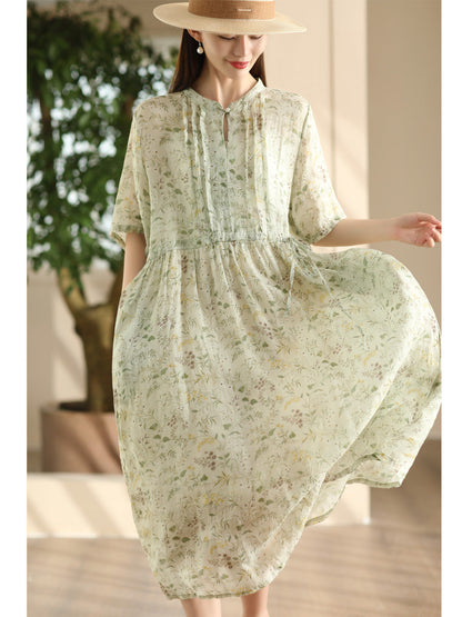 Women Summer Flower Shirred Artsy Strap Waist Dress RR023