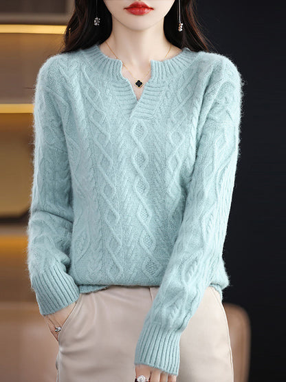 Women Autumn V-Neck Wool Twist Knit Sweater AX1030