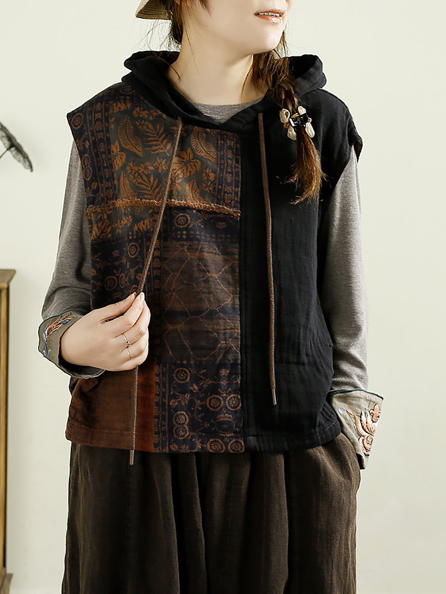 Women Autumn Vintage Flower Spliced Hooded Cotton Vest AI1037