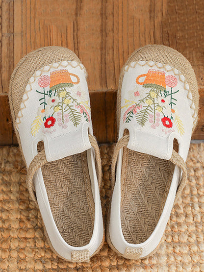 Frauen Sommer Artsy Blume Stickerei Leinen Baumwolle Schuhe AT1080