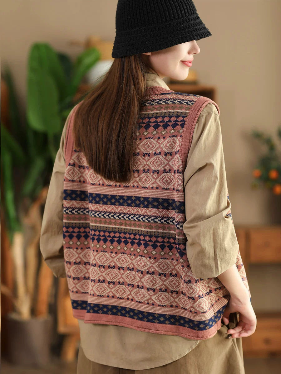 Women Ethnic Stripe V-Neck Cotton Vest WG027