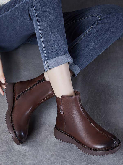 Women Retro Genuine Leather Zippper Mid-Heel Boots AH1078