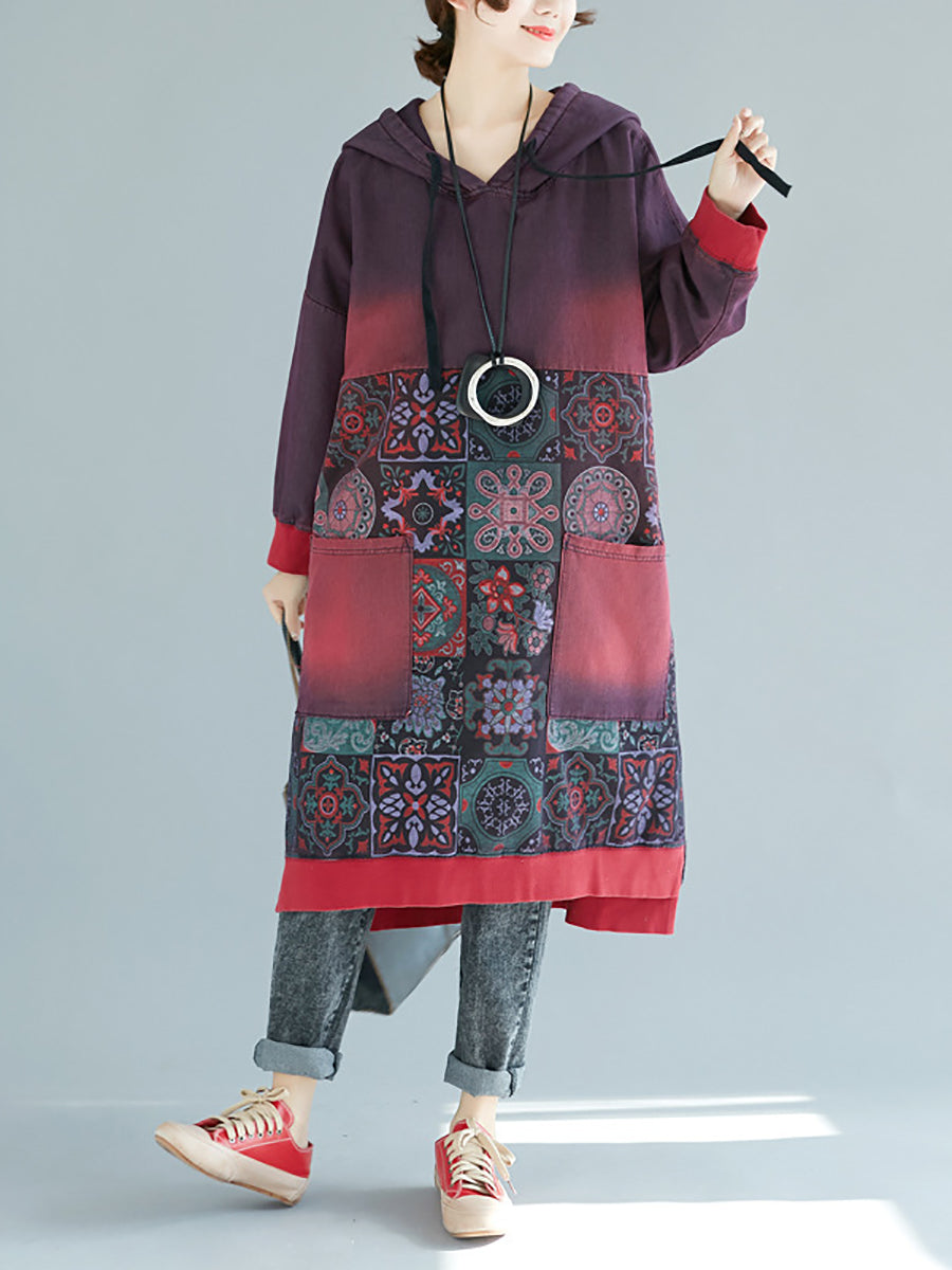 Women Vintage Flower Spliced Loose Hooded Dress AT1091