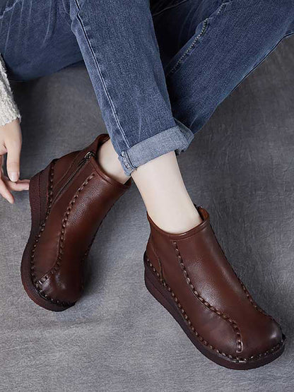 Women Retro Soft Leather Spliced Fleece-lined Mid-Heel Boots AH1081