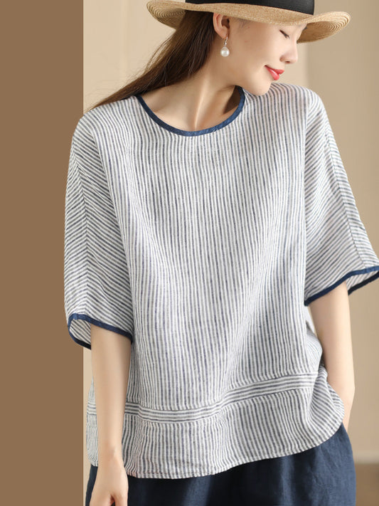 Women Summer Vintage Stripe Spliced Linen Shirt BN1040