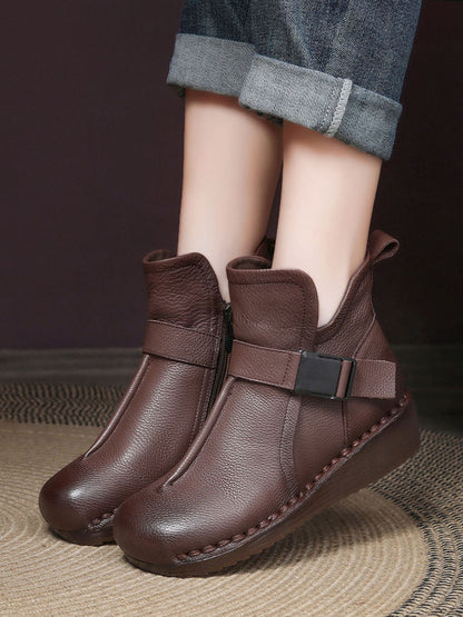 Women Retro Leather Spliced Mid Heel Ankle Boots WG024