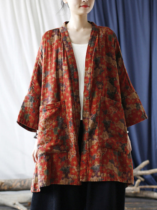 Manteau cardigan à poches et col en V à motif floral ethnique pour femme RR019