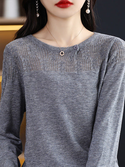 Pull col rond en tricot uni 100 % laine pour femme QM019