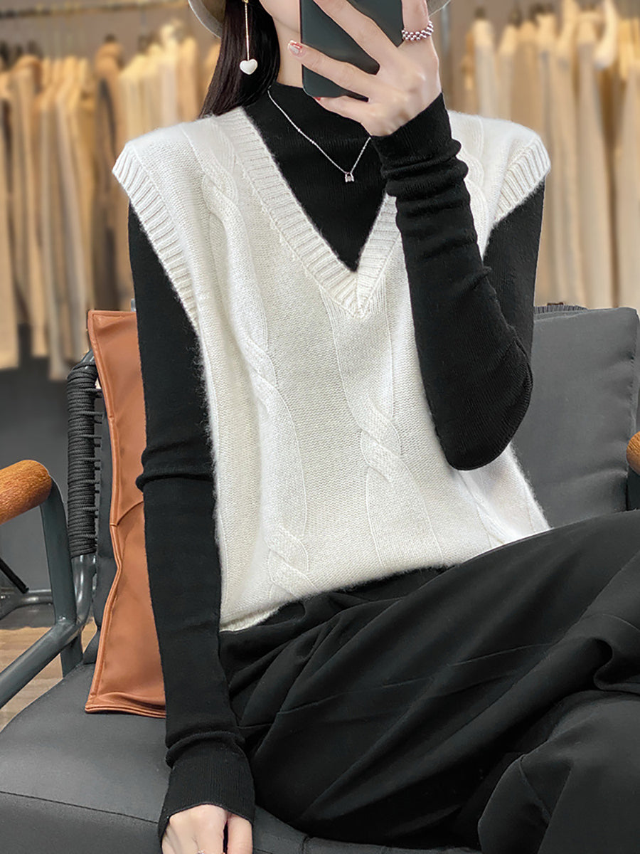 Women Casual Autumn Wool V-Neck Cable Knit Vest QN024