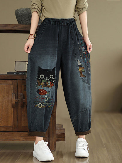 Pantalon sarouel en denim épissé avec patch de chat décontracté pour femme, automne AV1004 