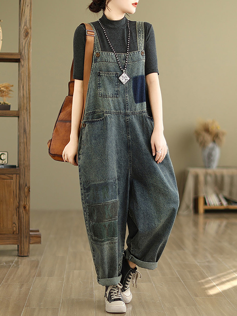 Women Retro Patchwork Loose Washed Denim Jumpsuits AH1080