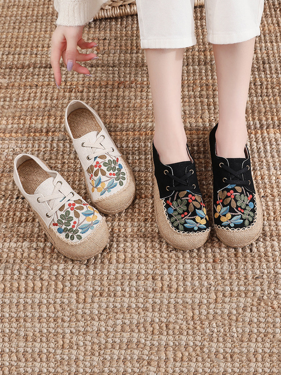 Women Summer Vintage Flower Embroidery Linen Cloth Shoes AT1068