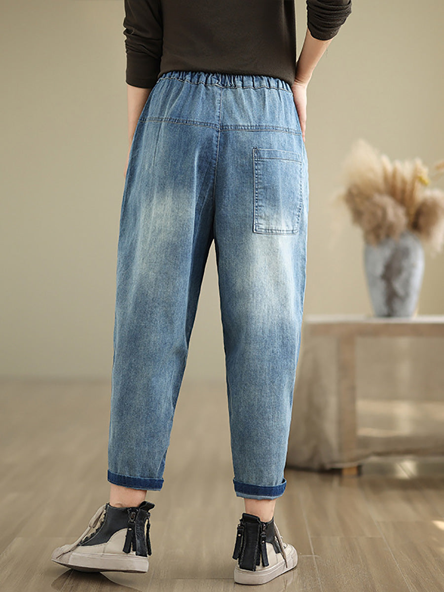 Women Autumn Artsy Flower Embroidery Denim Harem Pants AI1074