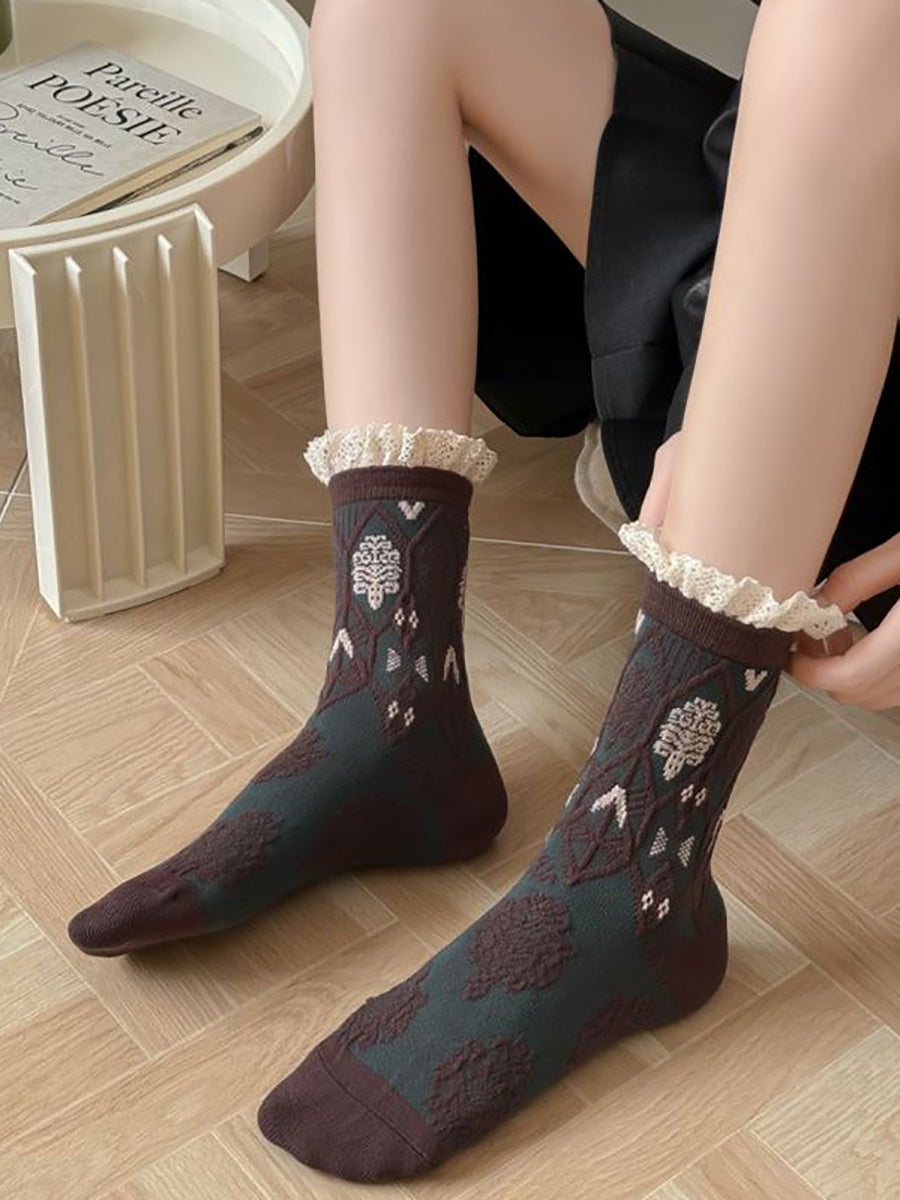 5 Pairs Women Autumn Artsy Flower JAcquard Cotton Socks QM009