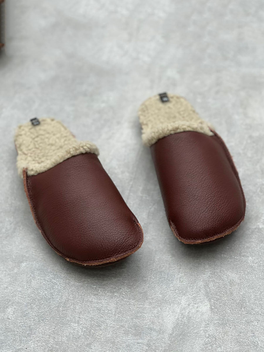 Women Vintage Winter Leather Fleece-lined Flat Slippers AV1041