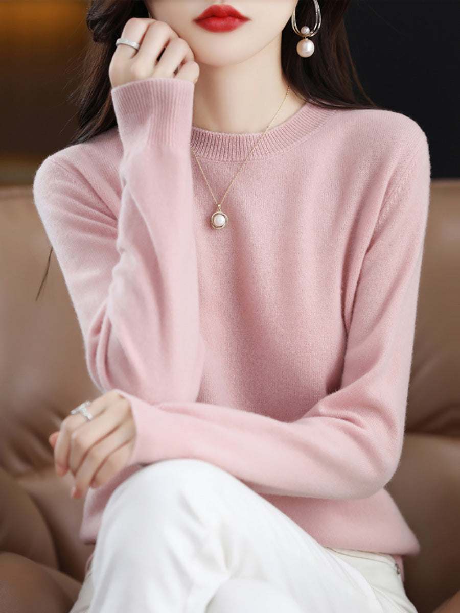 Women Autumn Solid Wool Knitted O-Neck Bottom Sweater CX058