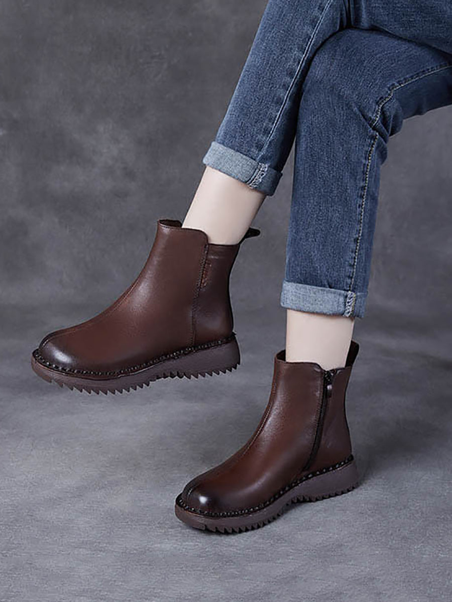 Damen Retro Stiefel aus echtem Leder mit Reißverschluss und mittelhohem Absatz AH1078