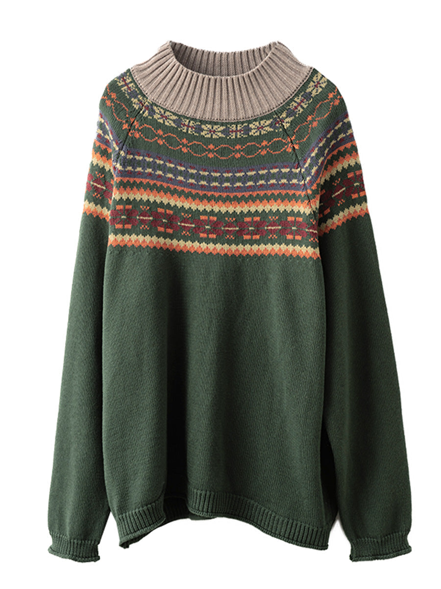 Women Vintage Autumn Jacquard Half Turtleneck Sweater AI1005