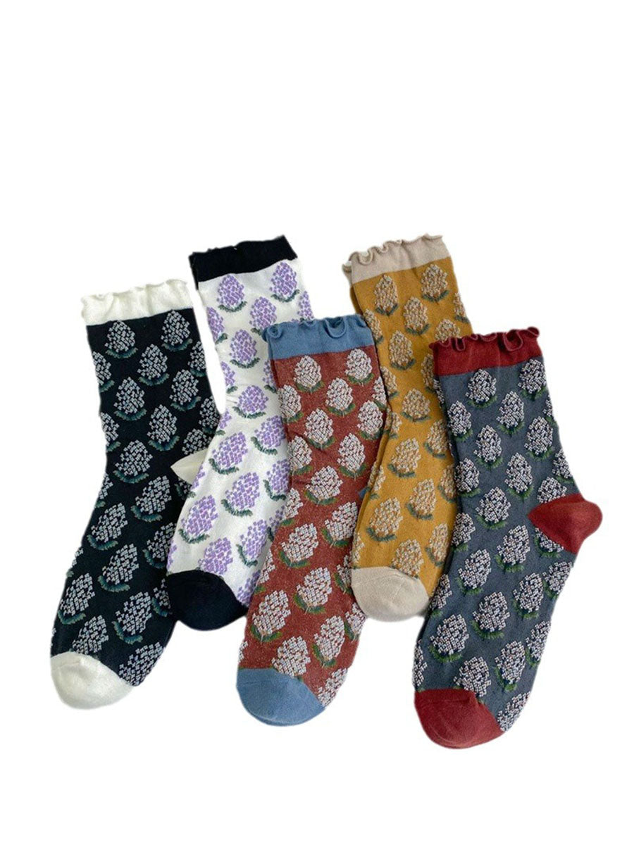 5 Paar Damen-Baumwollsocken mit künstlerischer Blumenstickerei und Farbblockdesign AV1043