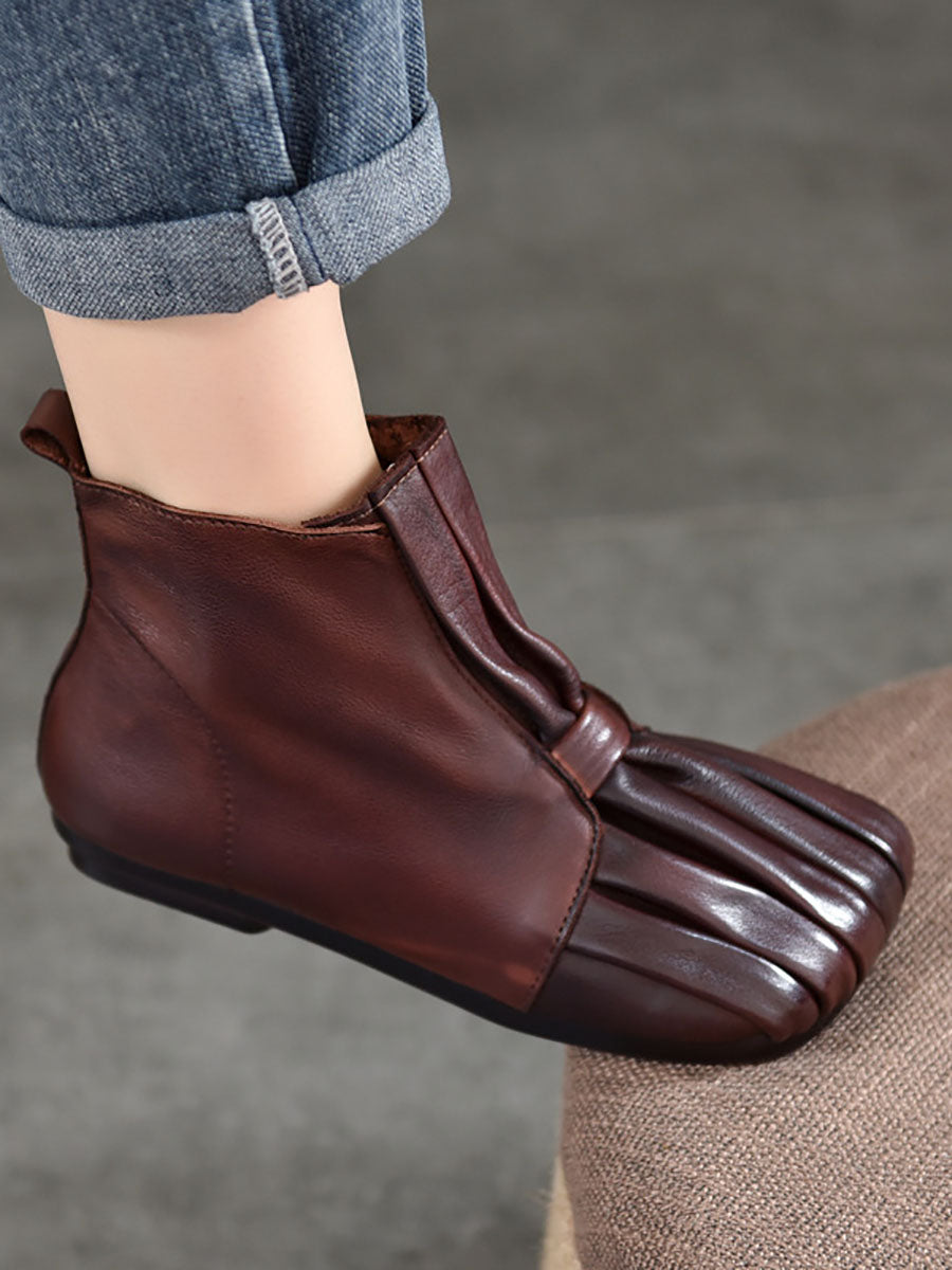 Women Soft Leather Shirred Square Toe Ankle Boots WG031