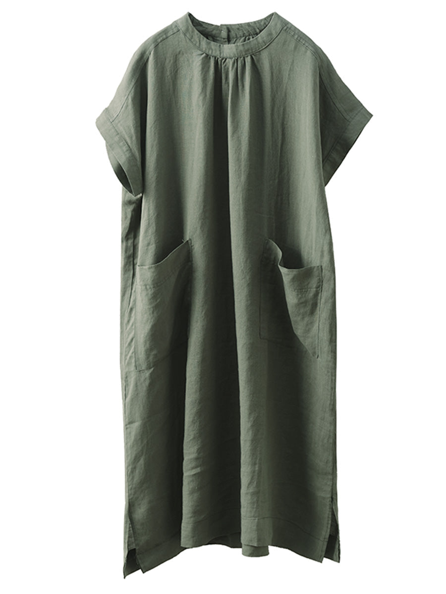 Robe d'été décontractée en lin à col rond et poches solides pour femmes FD051