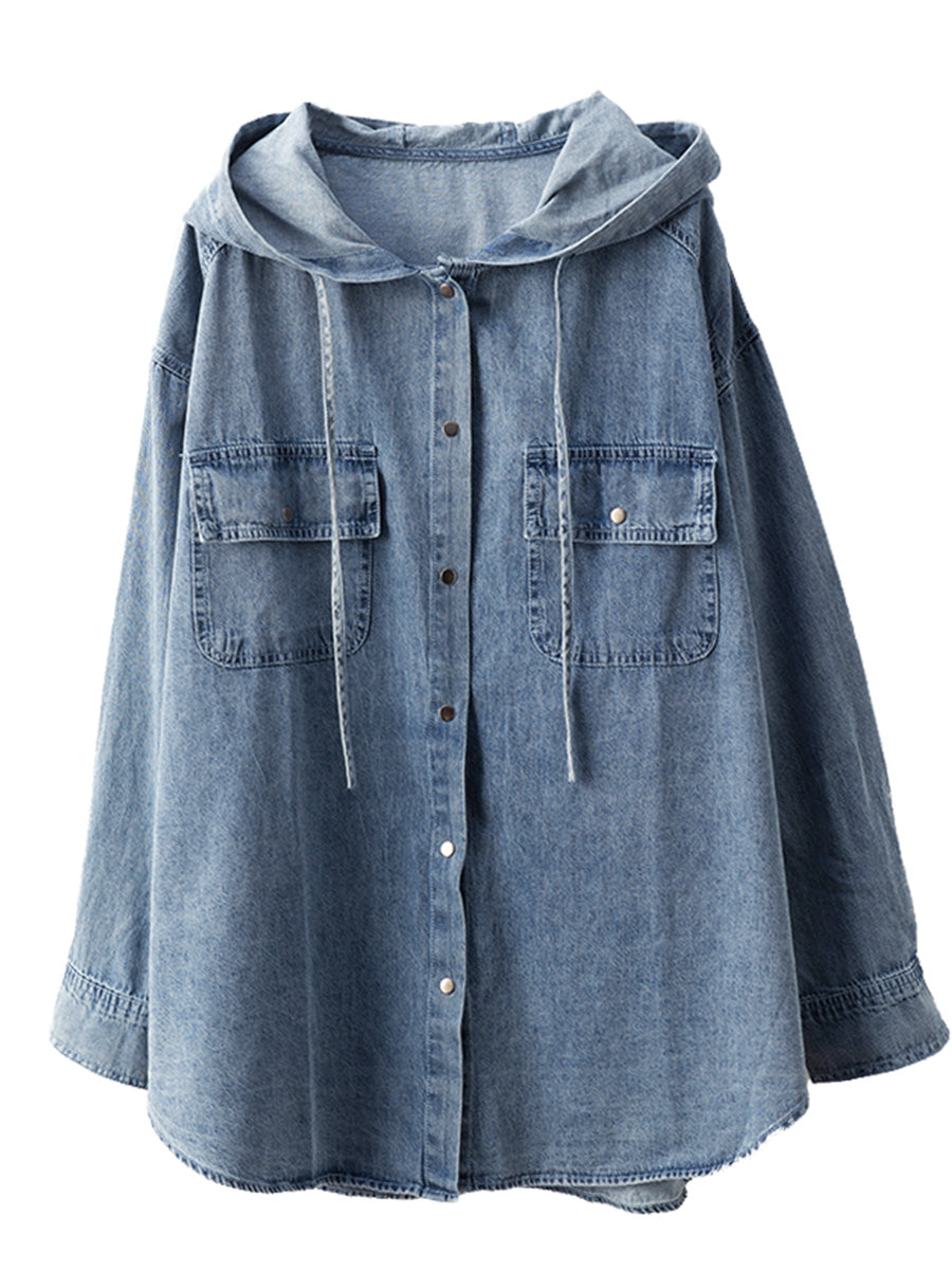 Manteau à capuche en denim uni décontracté pour femme AT1026