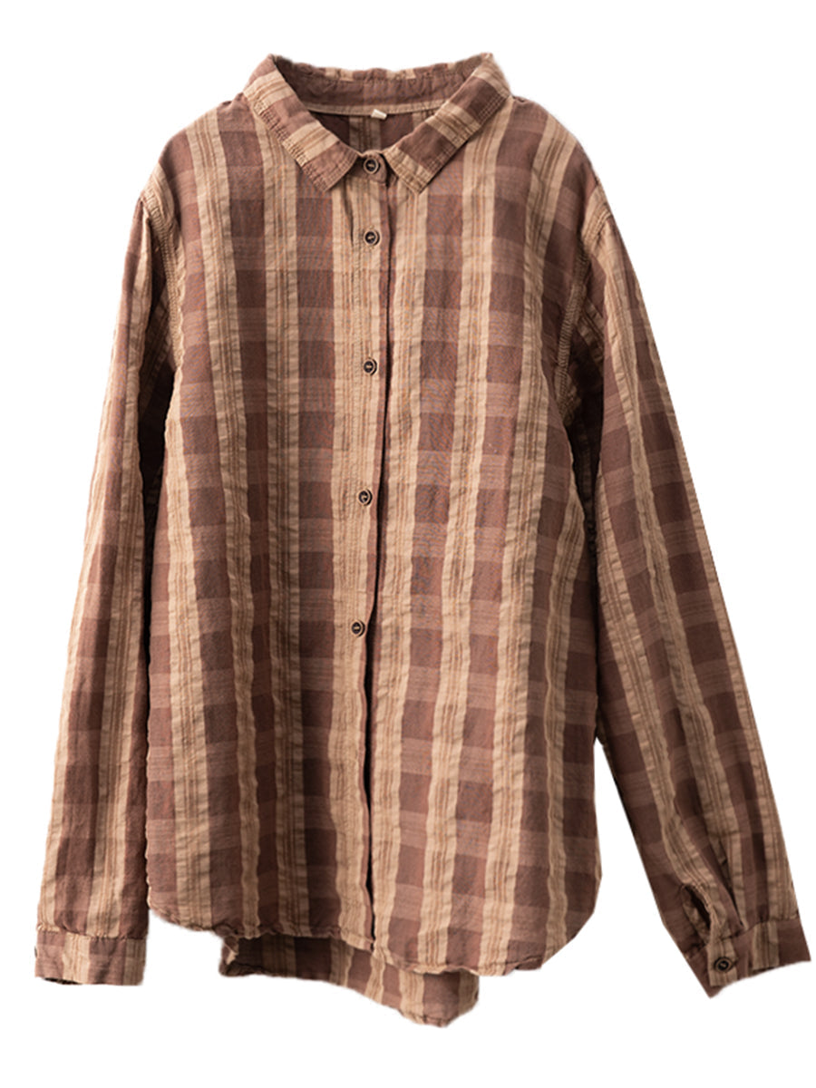 Damen Herbst Vintage Plaid Button-up Leinen Bluse AT1038 