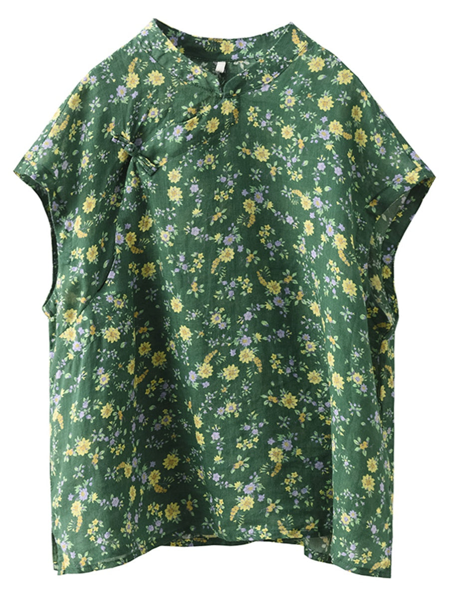 Damen Sommer Vintage Floral Stehkragen Ramie Shirt FD045