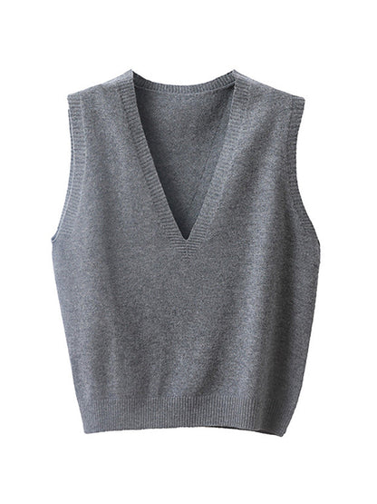 Women Casual Wool Solid V-Neck Knit Vest AK1045