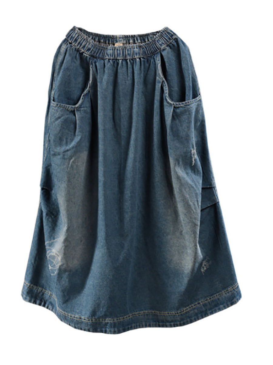 Women Retro Fade Pocket Elastic Waist Denim Skirt AI1012