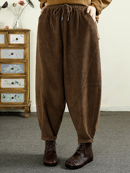 Women Autumn Solid Corduroy Spliced Cotton Harem Pants AI1047