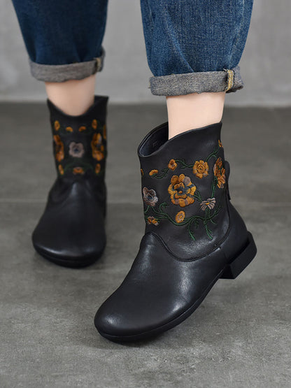 Women Vintage Flower Embroidery Leather Low Heel Boots AX1050