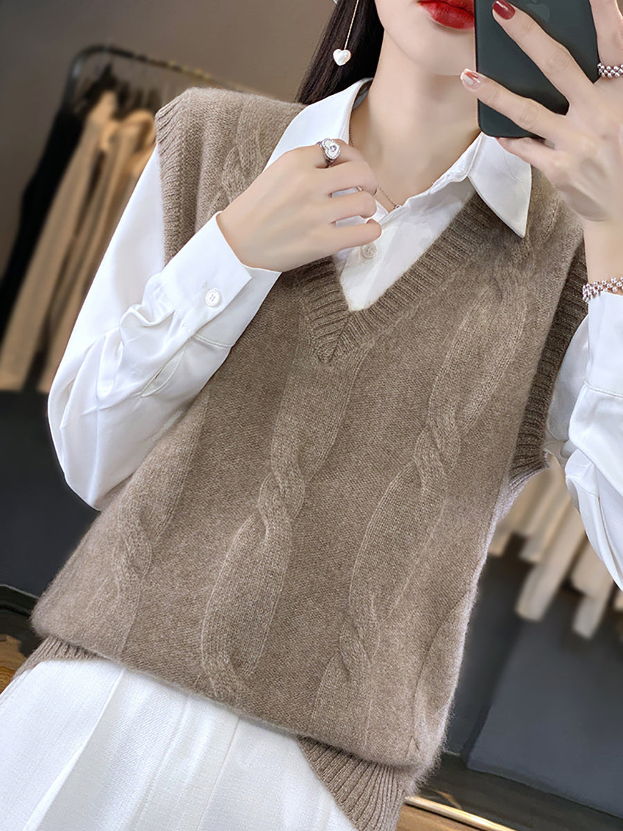 Women Casual Autumn Wool V-Neck Cable Knit Vest QN024