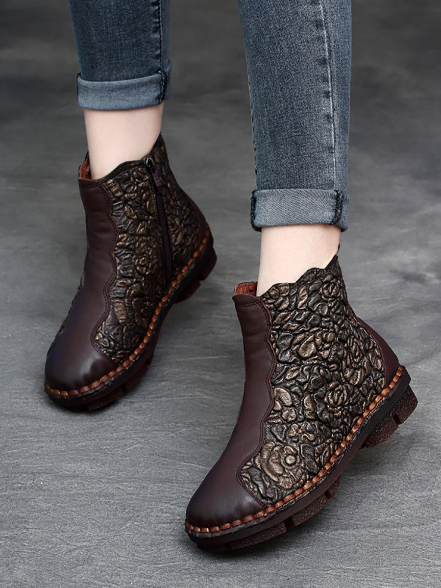 Women Retro Flower Leather Spliced Zipper Low Heel Boots AT1067