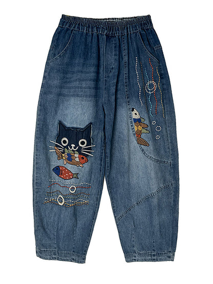 Pantalon sarouel en denim épissé avec patch de chat décontracté pour femme, automne AV1004 