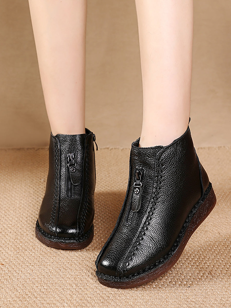 Women Winter Vintage Leather Fleece-lined Low Heel Boots AT1034