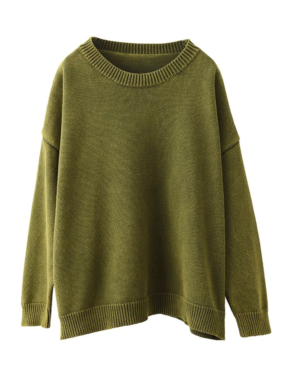 Damen Herbst Casual O-Ausschnitt Reine Farbe Strickpullover AK1028