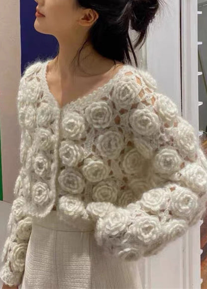 Manteau en tricot de coton à boutons fleuris beiges ajourés Printemps GEM594 