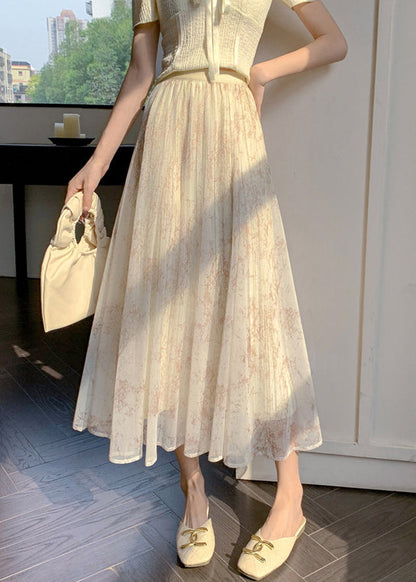 Elegant Apricot Print Elastic Waist Chiffon Skirts Summer RV019