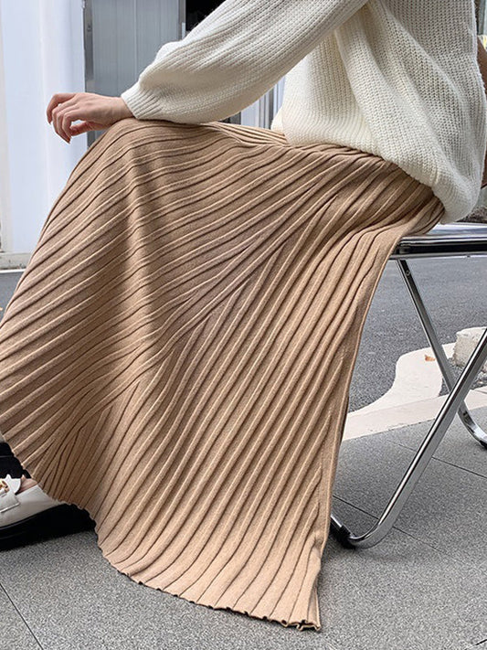 Brief Khaki High Waisted Pleated Striped A-Line Knit Skirt TW006