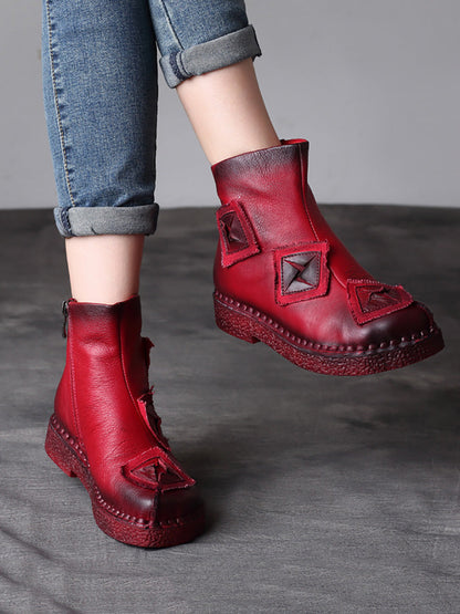 Women Vintage Leather Patch Spliced Ankle Boots AX1017