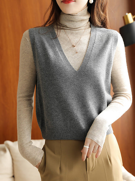 Women Casual Wool Solid V-Neck Knit Vest AK1045