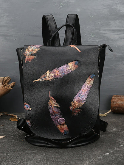 Women Vintage Leather Feather Embossing Backpack AH1089