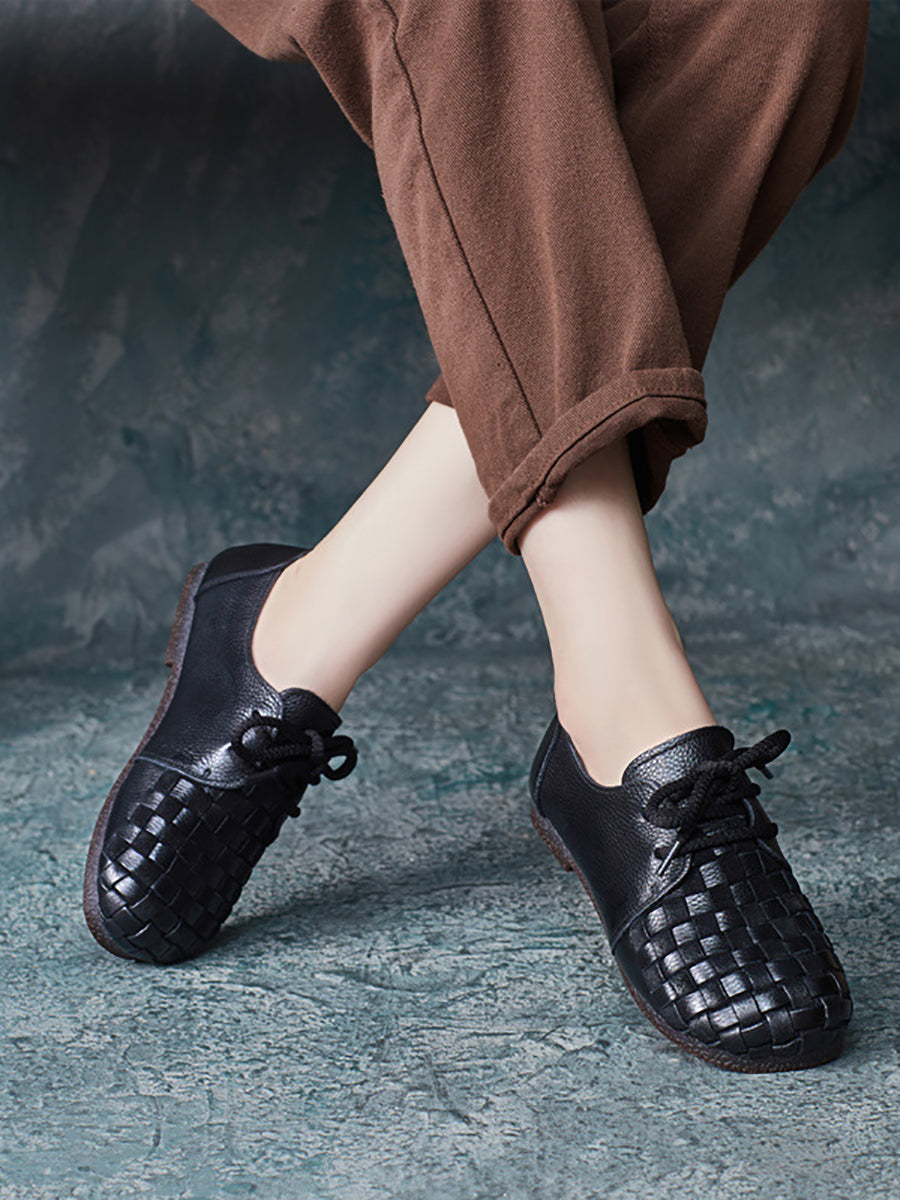 Women Autumn Vintage Soft Leather Waeve Flat Shoes AT1029