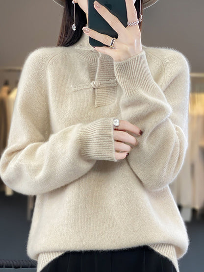 Women Autumn Vintage Half-Turtleneck 100%Wool Buckle Sweater BA1040